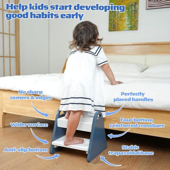 Toddler Step Stool for Kids Safe Wooden Two-Step Stool w/ Handles, Non-Slip,Blue - Picture 5 of 7
